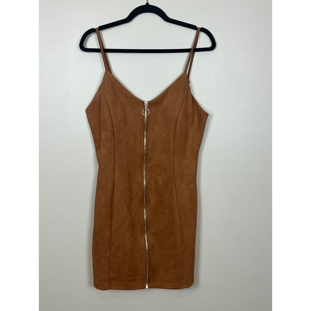 Iris Brown Faux Suede Zip Front Mini Dress O-Ring Bodycon ID4369 Womens L